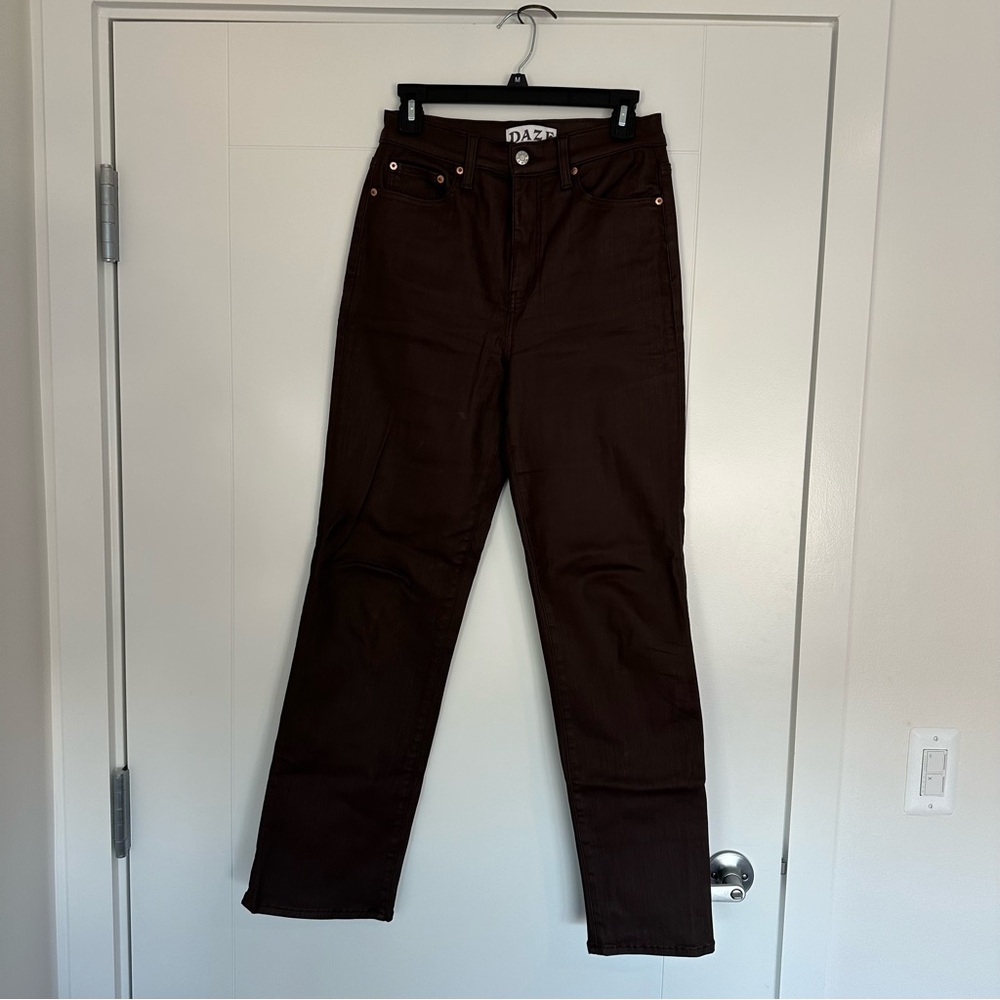 Daze Leather Coated Brown Straight Leg Jeans